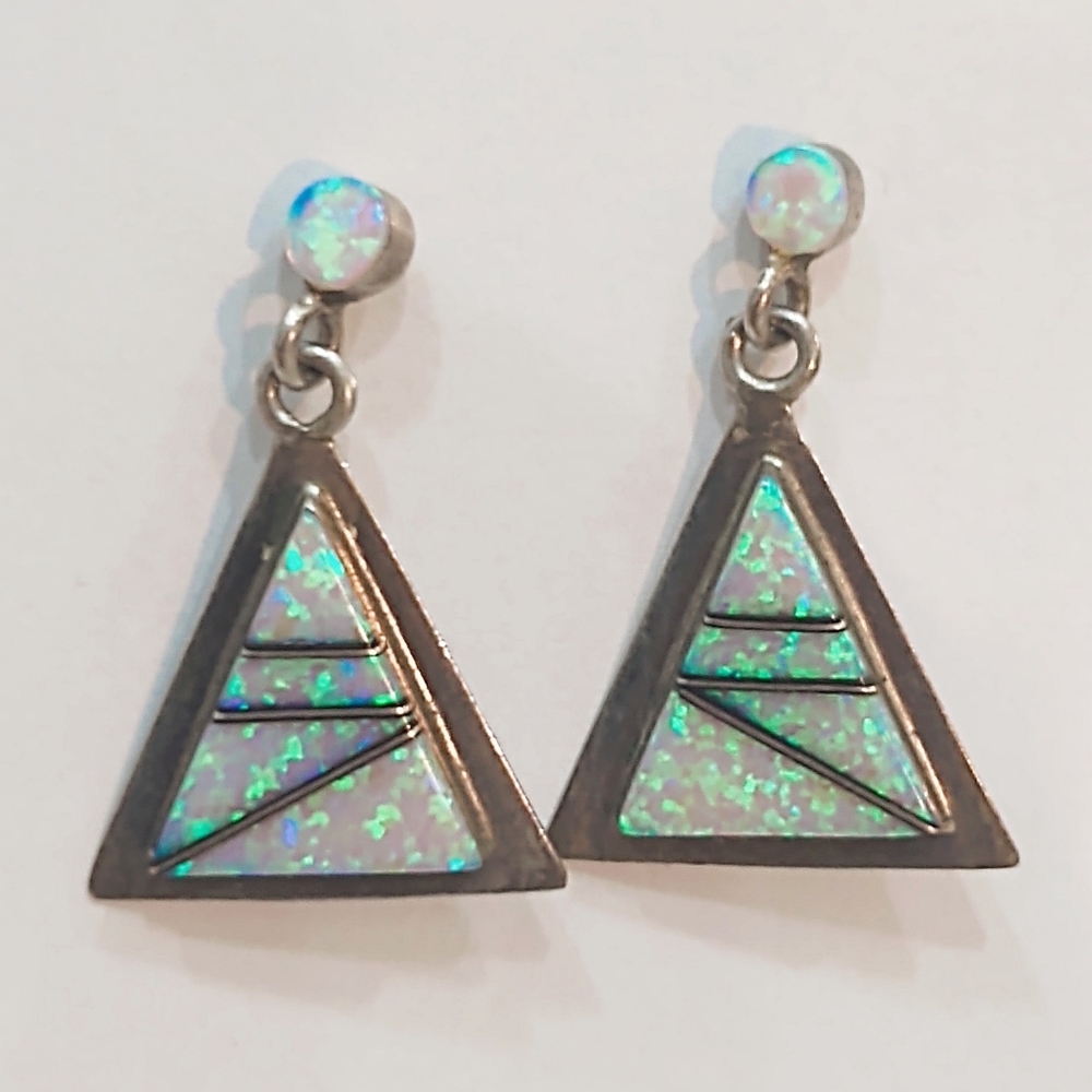 Vintage Sterling Silver & Opal Triangle Earrings